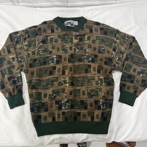 Vintage Grandpa Patterned Green and Brown Men's Crewneck Sweater 80s Wool